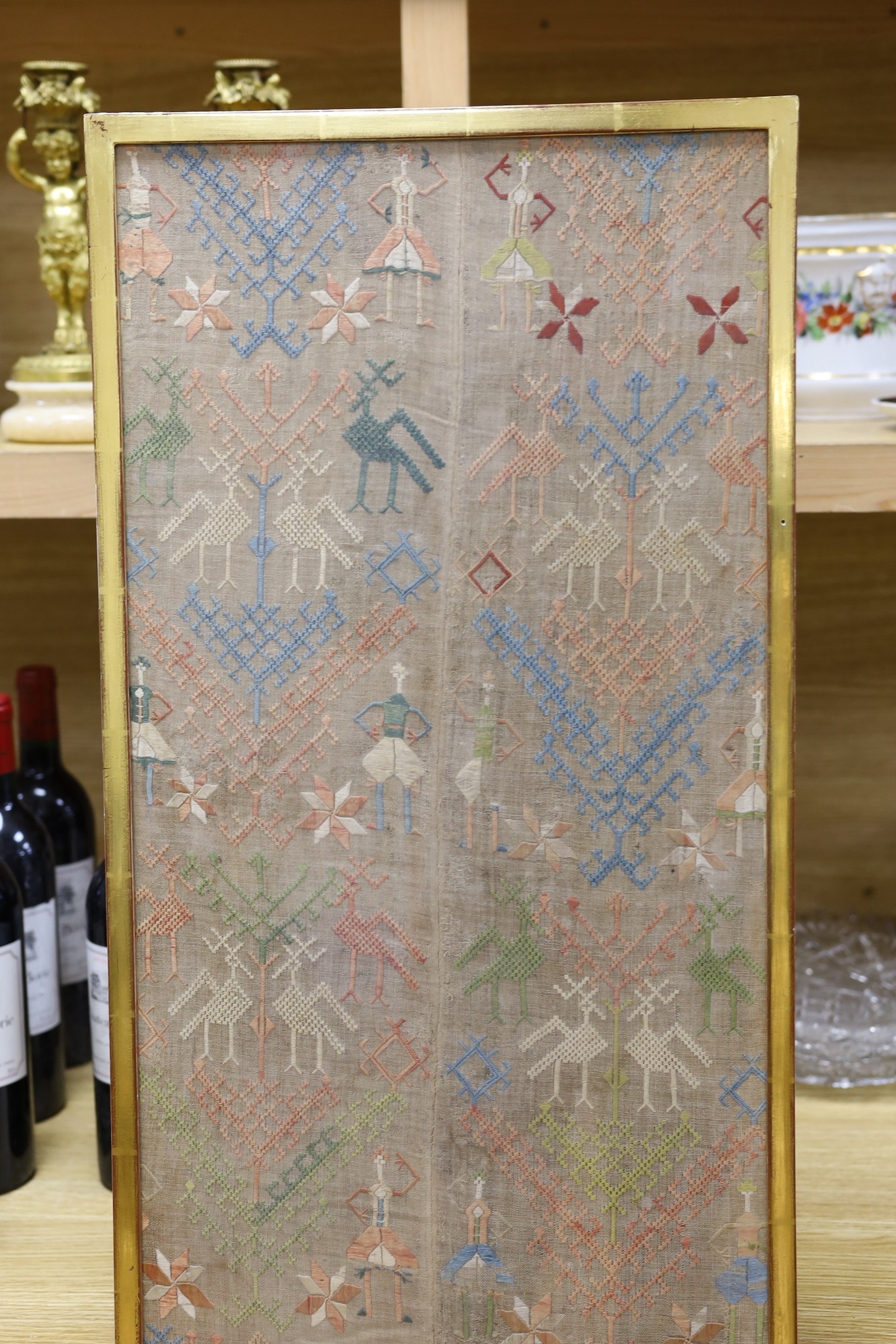 Two framed Greek needlework panels, largest 146x33cm excl frame